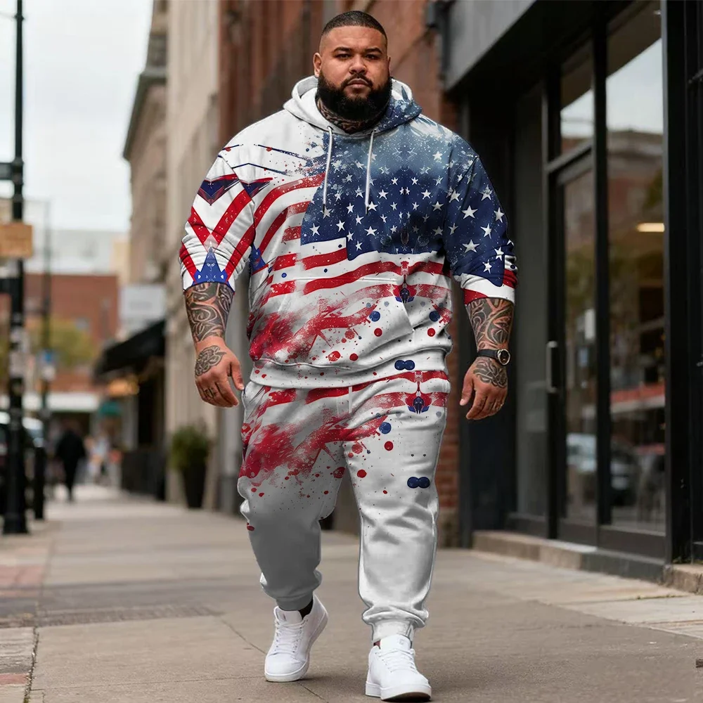 Men's Plus Size 2 Piece Red White and Blue Print Hoodie and Jogger Pants Set, Stars or Flag Designs for Fourth of July, S-9XL