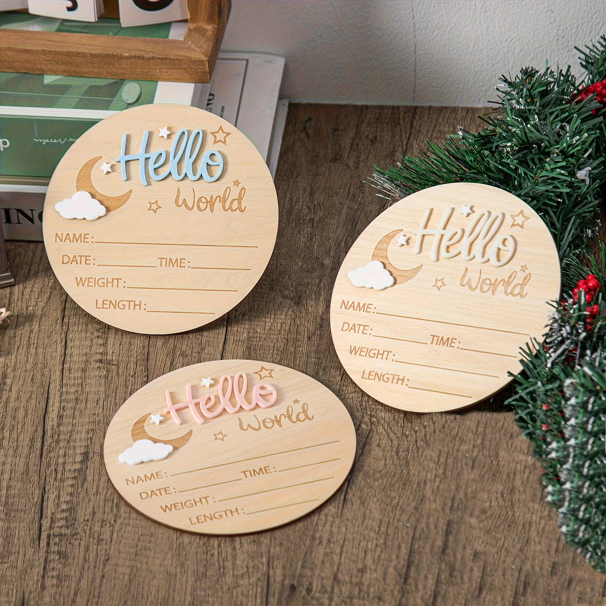 Letrero de madera para anuncio de nacimiento con la frase 'Hola Mundo', decorado con estrellas y nubes, perfecto para capturar detalles inolvidables - ¡Registra cada momento precioso! Regalo para Acción de Gracias, Halloween, Navidad