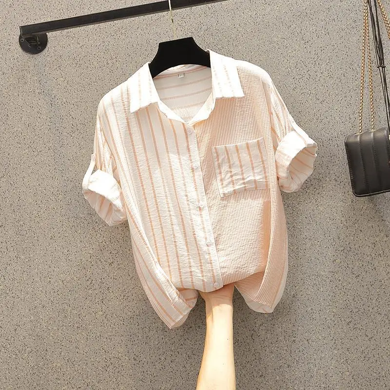 Women's Clothing Pleated White Blouse Striped Short Sleeve Summer Drop Shoulder Minimalist Office Ready Unique Design Fashion