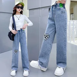 2024 Jeans stile Casual per ragazza vestiti per adolescenti pantaloni elastici a vita alta in Denim a gamba larga primavera pantaloni dritti per bambini grandi 5-14Y