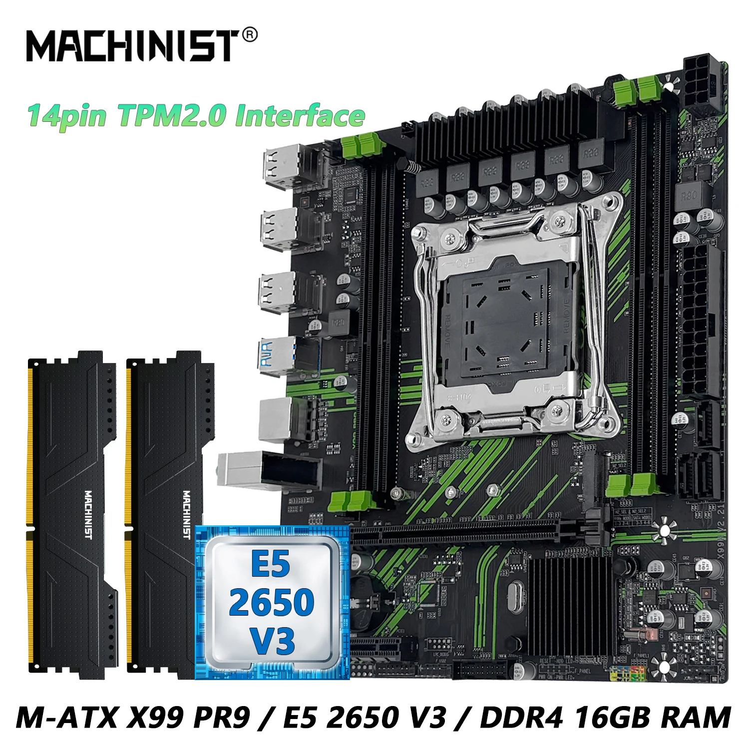 MACHINIST X99 Motherboard Combo Xeon E5 2650 V3 CPU LGA2011-3 DDR4 16GB RAM With TPM2.0 Interface PR9 NVME M.2 USB3.0