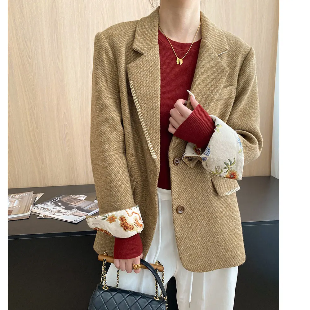 30% Wool Women Autumn Blazer Coat Turn Down Collar Back Embroiery Design Blazer Feminino Casaco Feminino Tops For Women Clothes