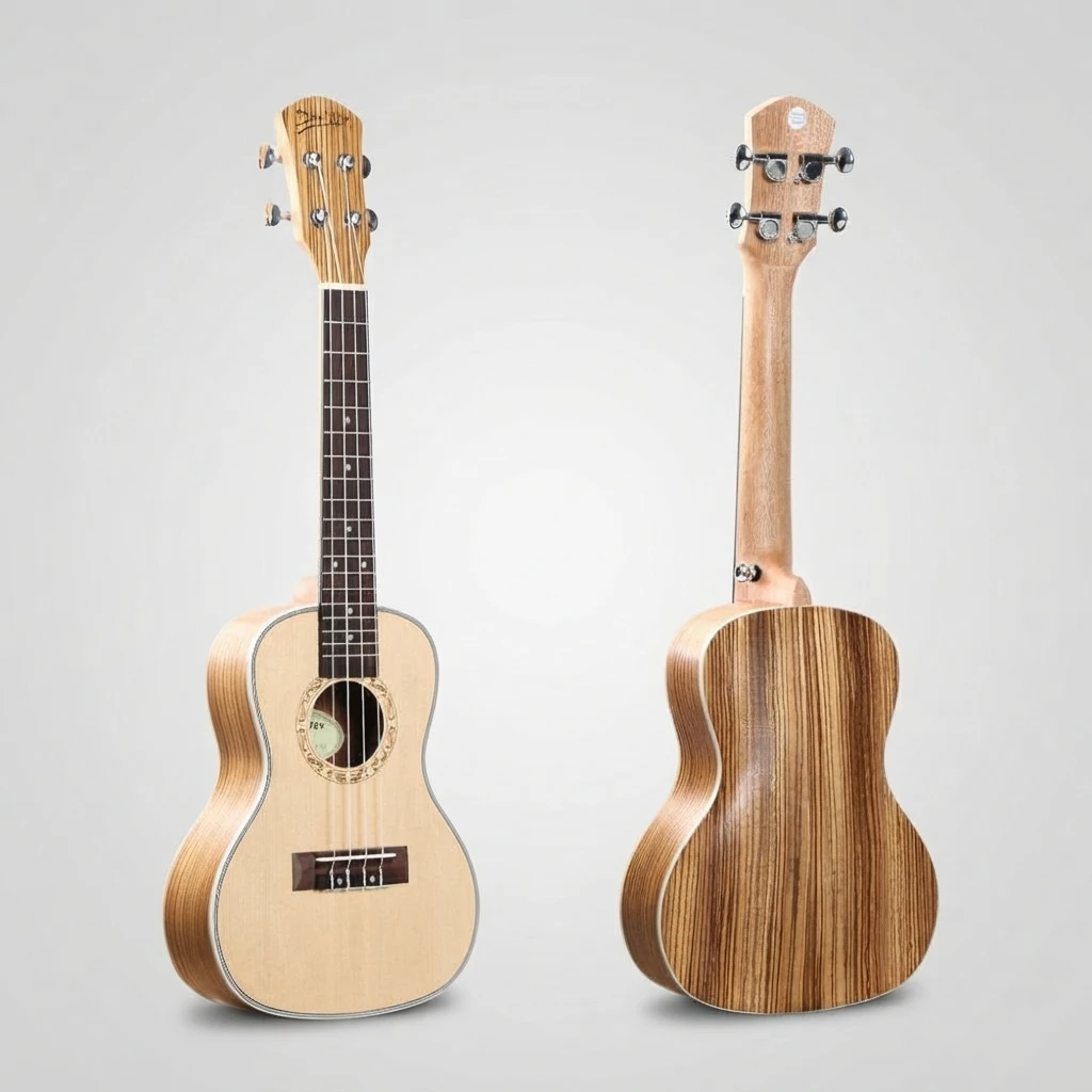 Zebra Pattern Soprano Ukulele, Natural Light Top Striped Back, 4 Strings, Silver Closed Tuners, Decorative Rosette for Beginners