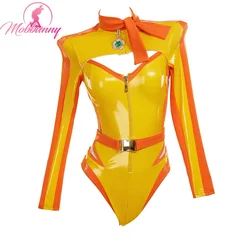 MOBBUNNY Women Princess Derivative Lingerie Set Racing Suit Striped Cutout Bodysuit with Belt Gloves Cosplay Costume
