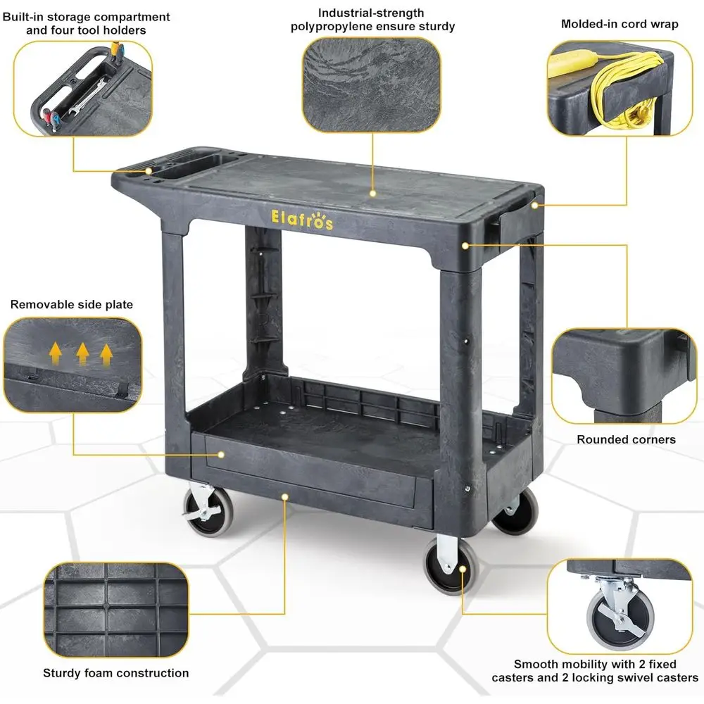 عربة أدوات بلاستيكية قوية بطبقتين، سطح مسطح 37 × 18.8، عجلات دوارة وثابتة، سعة 550 رطل، عربة بريد، رمادي #3