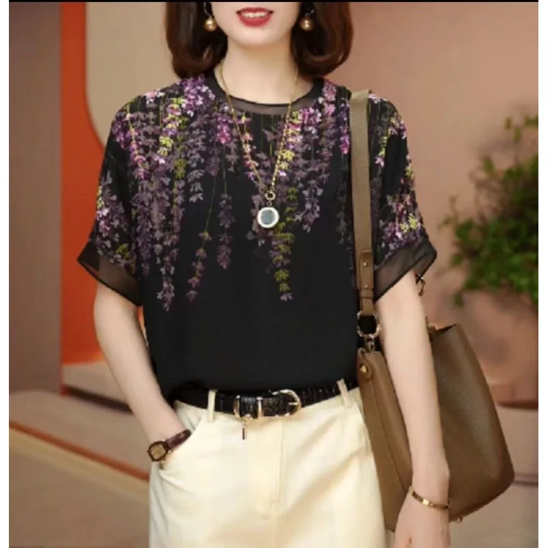 2024 Women\'s New Summer Pullovers Printed Crew Neck Casual Fashion Loose Commuter Short Sleeve Double Crepe Silk Chiffon Tops