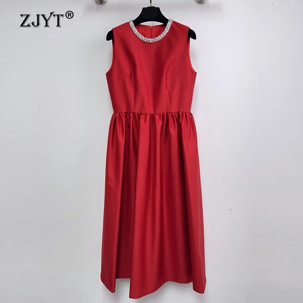 

ZJYT Spring Summer Women's Party Dress for New Year 2026 Elegant Beading O Neck Sleeveless Midi Red Gown Black Tank Dresses Lady