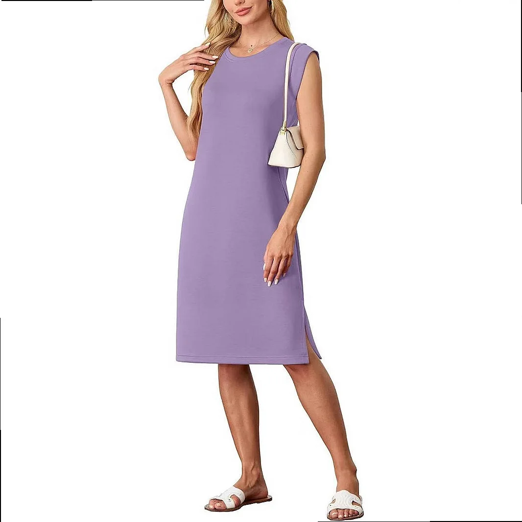 Fashion Casual Round Neck Sleeveless Split Pocket Solid Color Dress Dresses Spring Summer