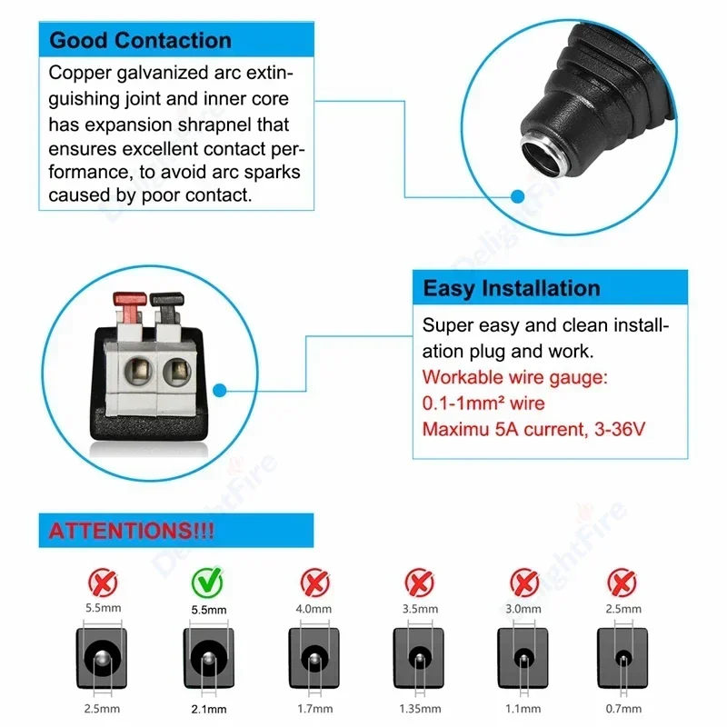 5.5mm*2.1mm DC Power Jack Socket Male Female DC Power Adapter Plug Electrical Wire Connector For LED Strip Light CCTV Camera