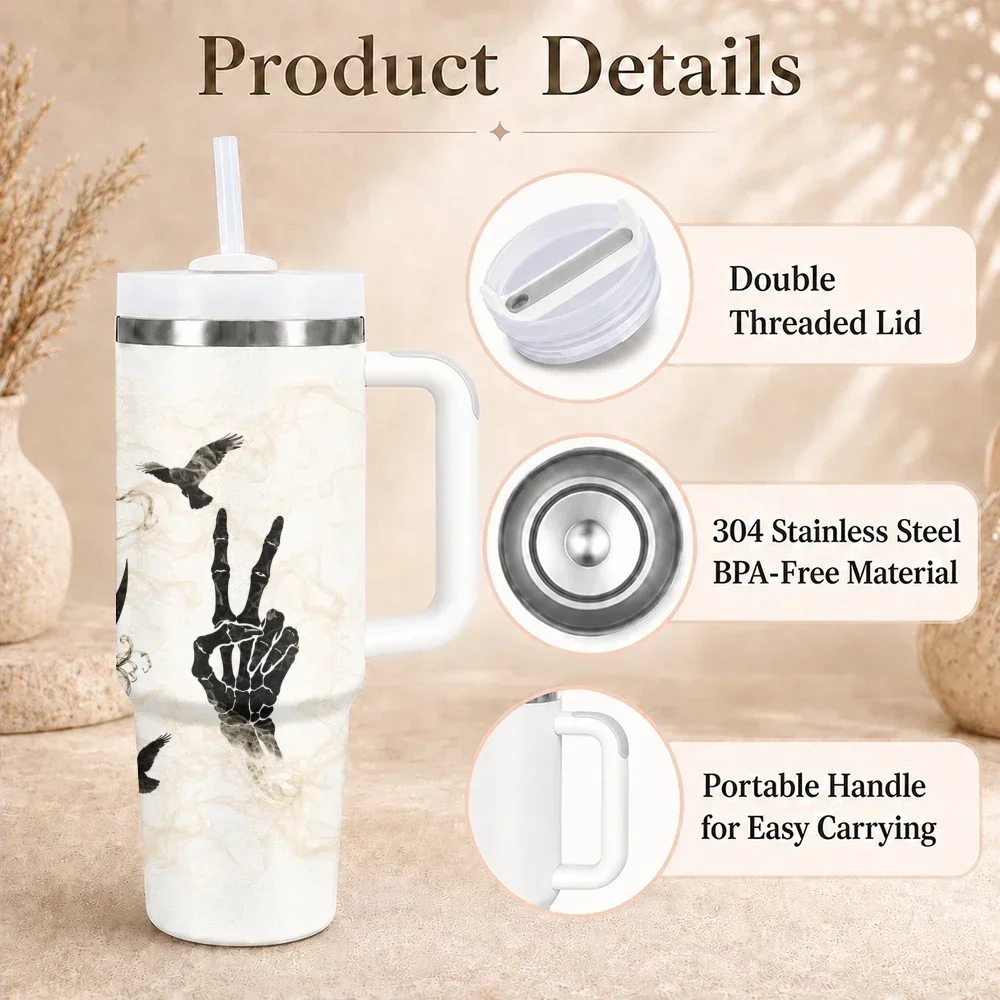 Gothic Skull Rose Ravens Vacuum Flasks 40oz Stainless Steel Insulated Tumbler with Handle & Straw Leakproof Travel Mugorders for other colors will be shipped randomly in black or white