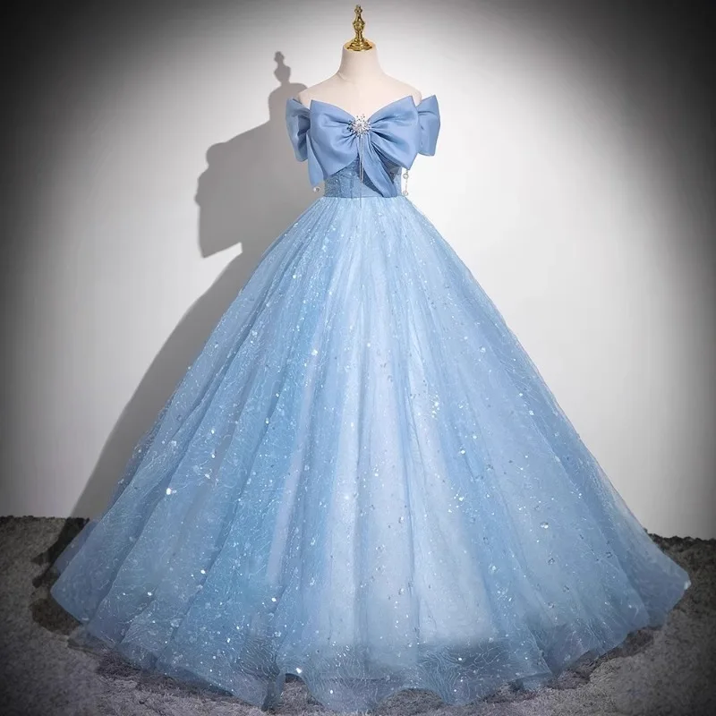 

2025 New Women's Banquet Mesh One Shoulder Sparkling Bow Evening Dress Fashion Piano Performance Blue Vocal Pendulum Dress