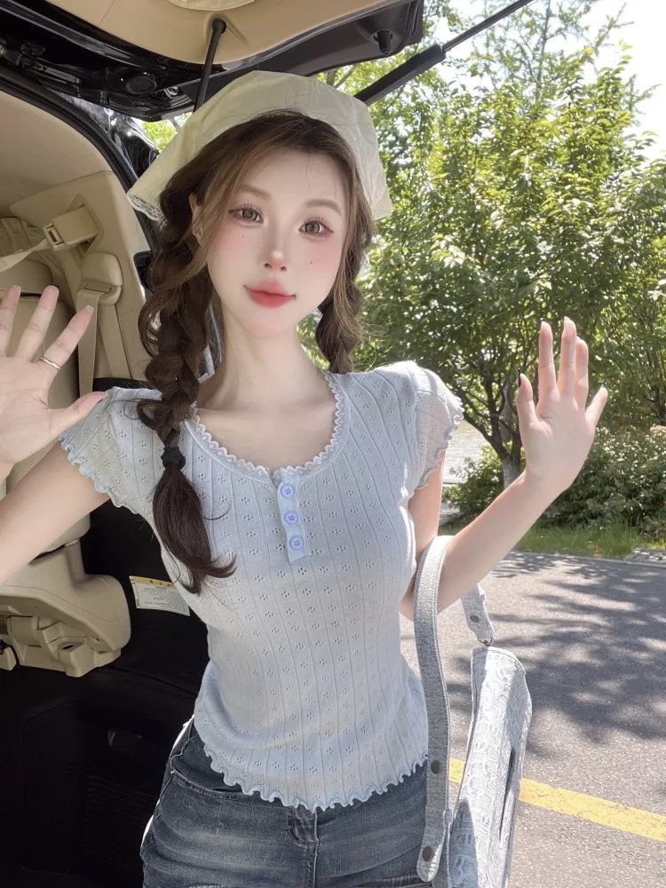 

Fashionable Sweet Style Short Sleeve T-Shirt Women's Clothing Shoulder Length Design Korean Version Slim Fit Commute Style