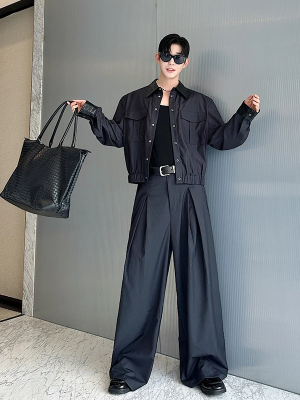 

Spring Autumn Men's Suit Set High-End Trendy Brand Patchwork Leather Collar Colion Color ort Jaet Wide Leg West Pants