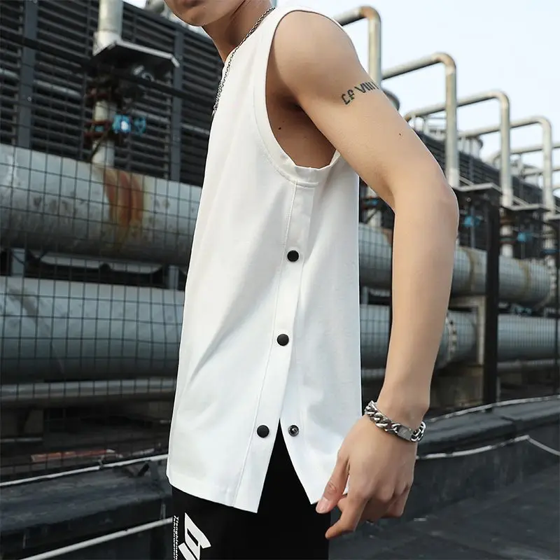 2023 Summer New Sleeveless Men's Clothing Round Neck Spliced Button Solid Color All-match Trend Sports Loose Korean Version Vest