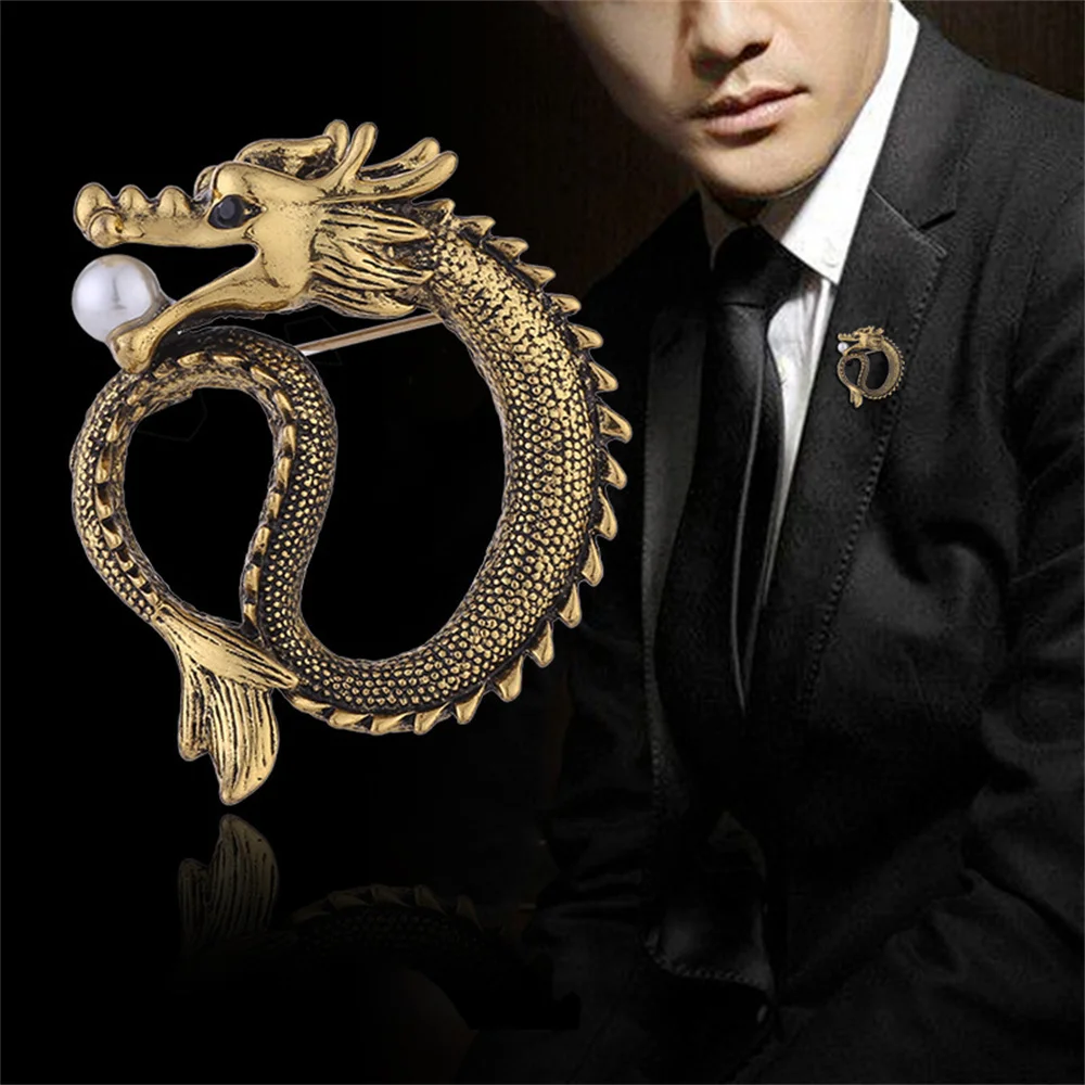

Classic Retro Dragon Studded Diamond Pearl Brooch, Versatile Men's Shirt, Coat, Suit Jacket Brooch