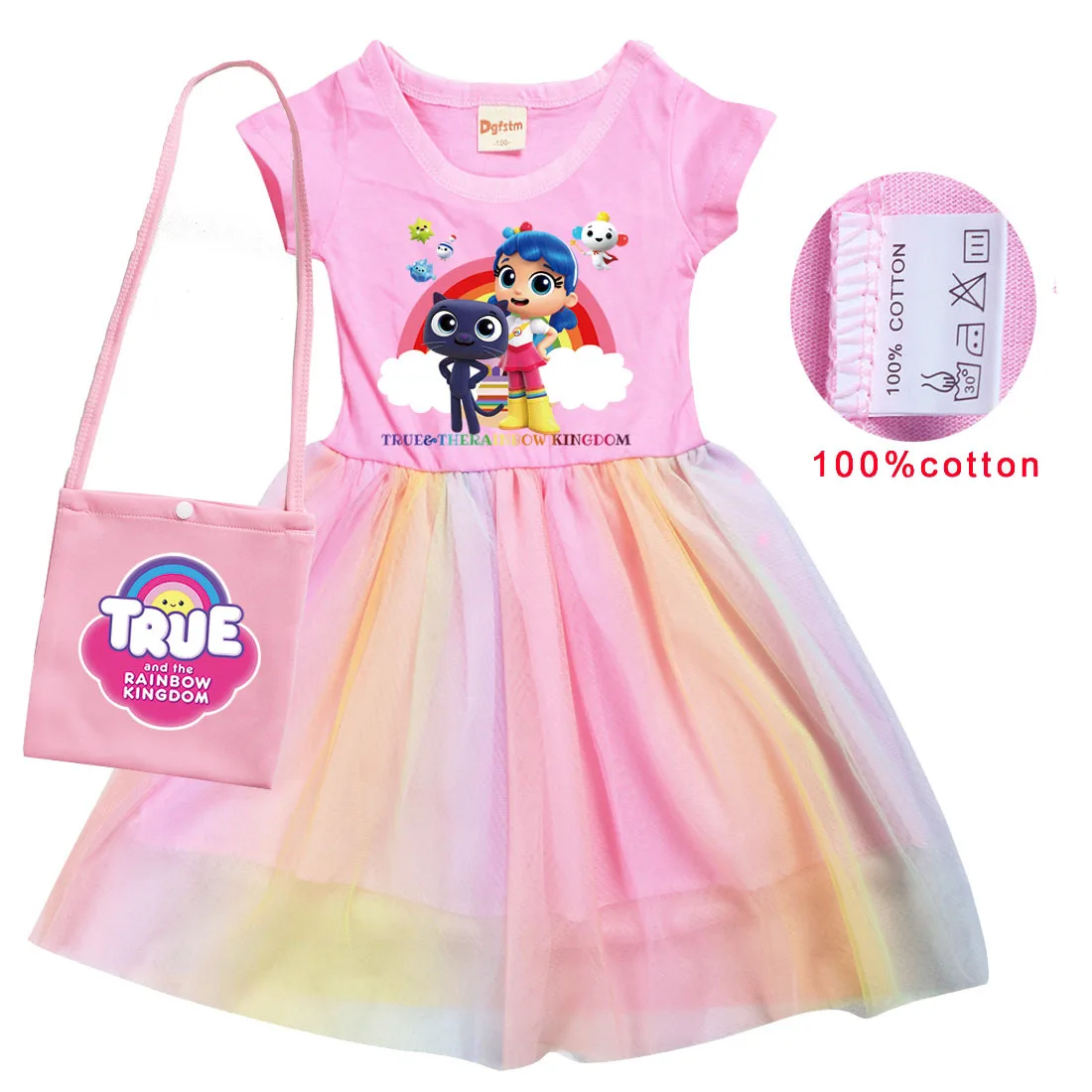 Cute True Rainbow Kingdom Costume Kids Rainbow Gauze Mesh Casual Dresses+bag Baby Girls Princess Dress Children Party Vestidos