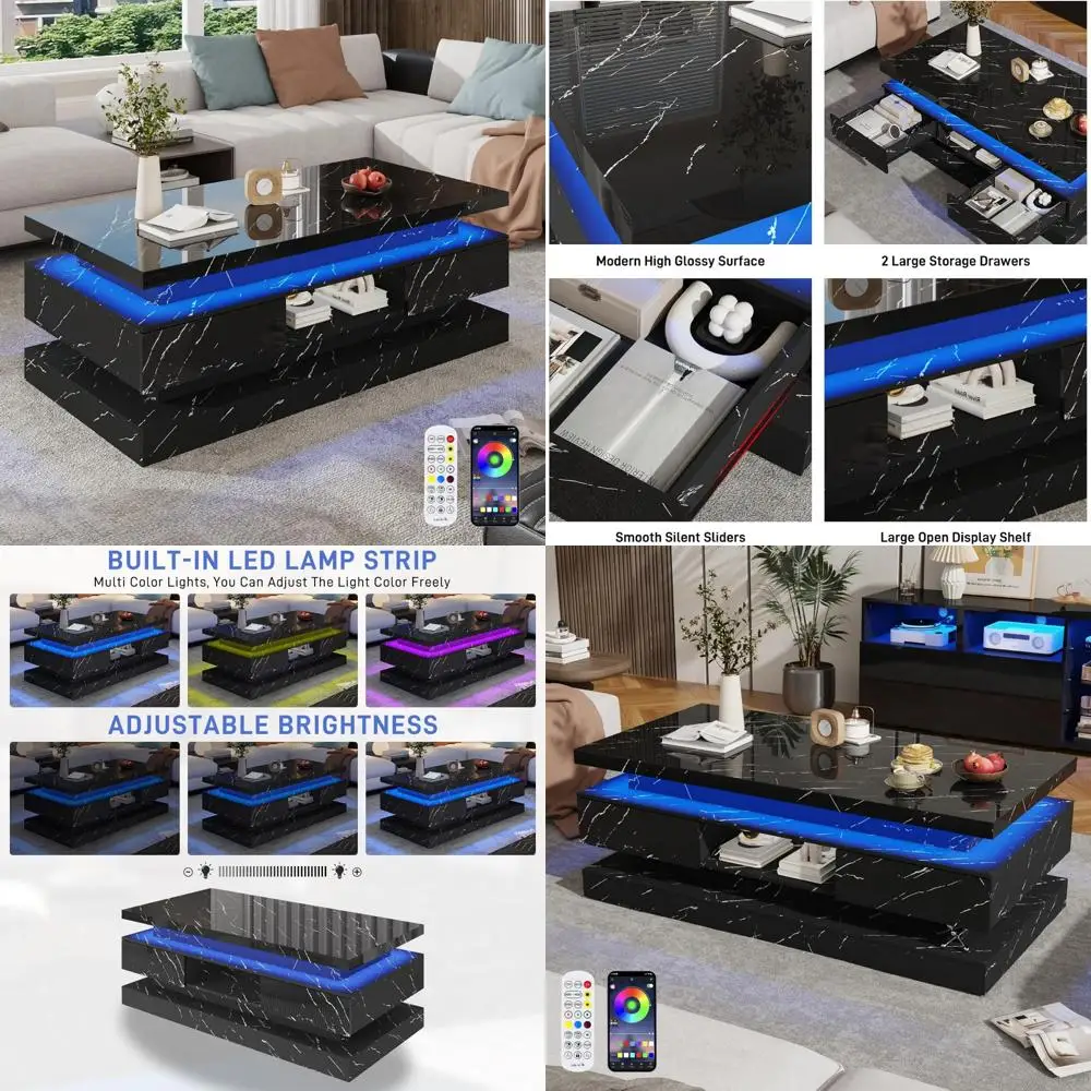 طاولة القهوة LED الحديثة عالية اللمعان 47.2 بوصة مع أدراج منزلقة، طاولة مركزية مزدوجة الطبقة، أضواء LED لديكور غرفة المعيشة #1