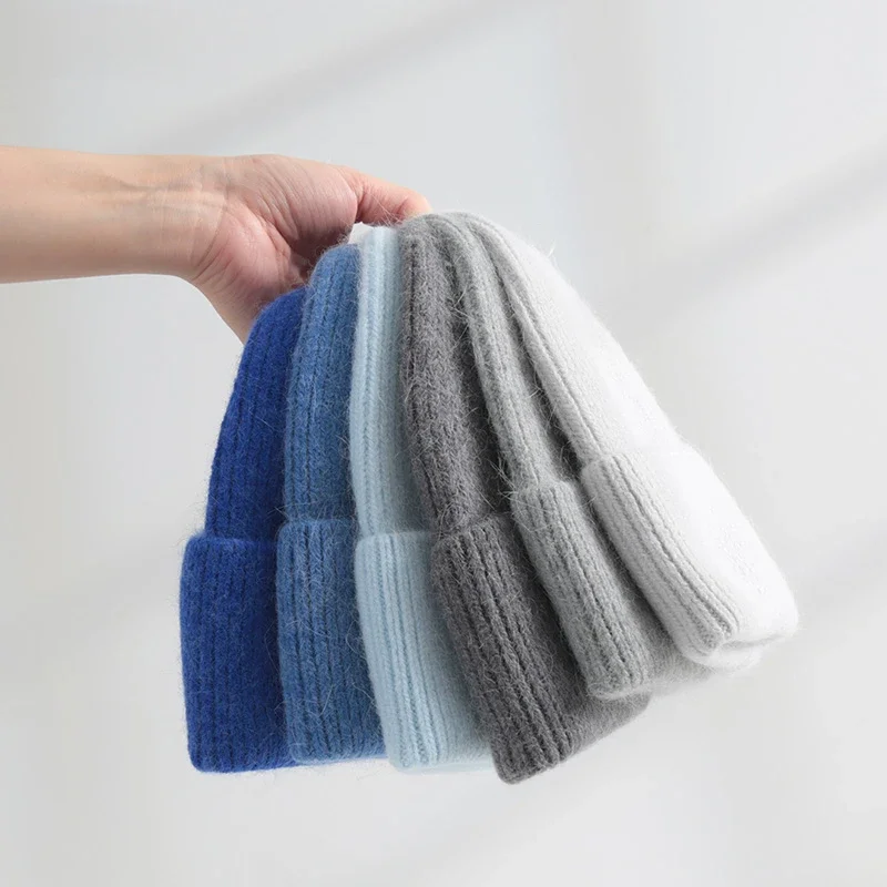 Fluffy Angora Hat Rabbit Fur Warm Winter Hat For Womans Cashmere Wool Soft Beanies Blue Knitted Hat Outdoor Ski Female