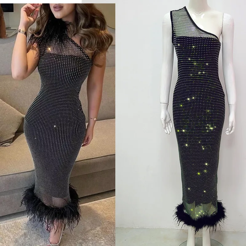 

2023 New Original Black Single Shoulder High End Feather Trim Slim Fit Midi Length Elegance Wine Ceremony Dress Knitted Fabri...