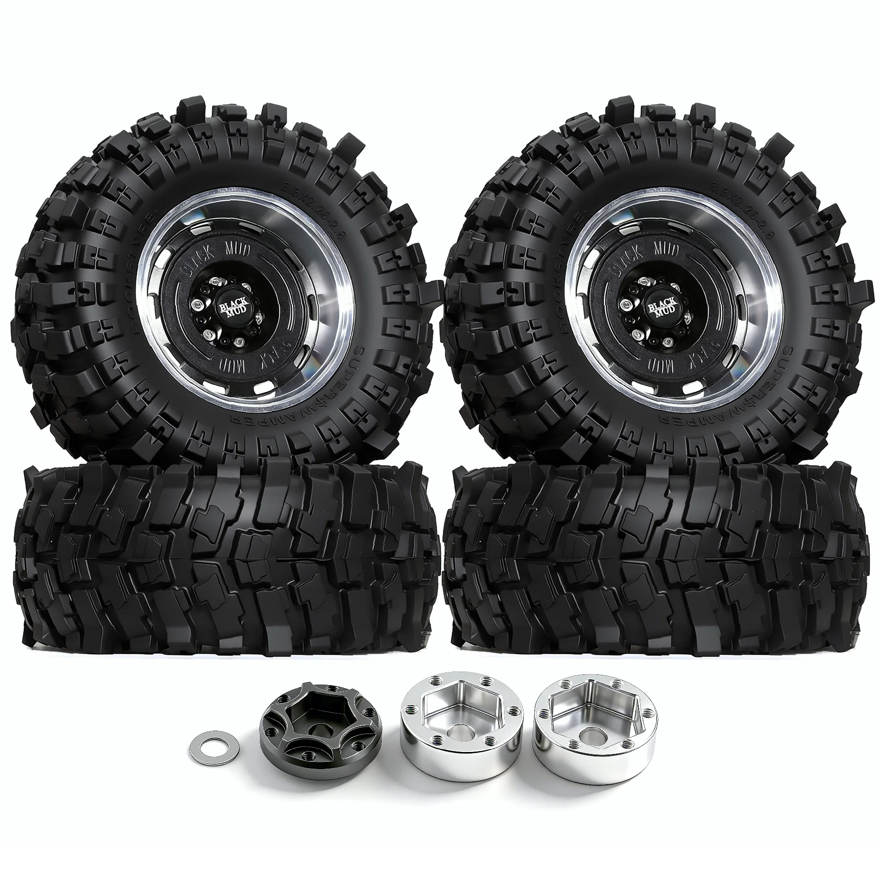 

4pcs 135mm 2.6" Metal Beadlock Wheel Rim Rubber Tire Set for 1/8 1/10 RC Crawler Car Axial SCX10 Wraith RR10 Capra TRXS TRX4