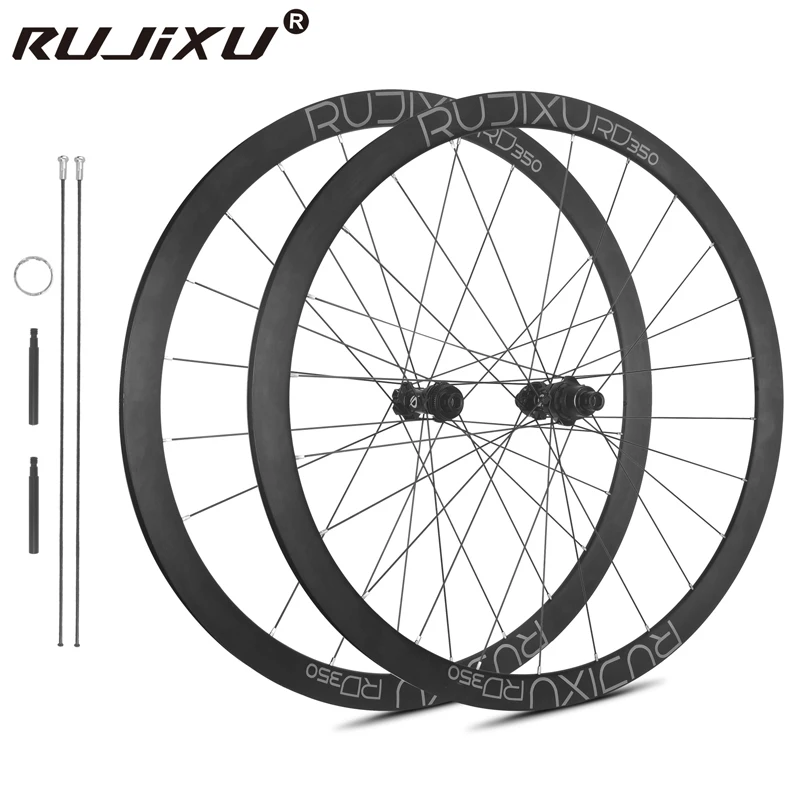 

6-лопастной комплект колес RUJIXU RD350 для шоссейного велосипеда, бескамерный дисковый тормоз, алюминиевый сплав, аэродинамический широкий обод, сквозная ось, громкая ступица, велосипедное колесо