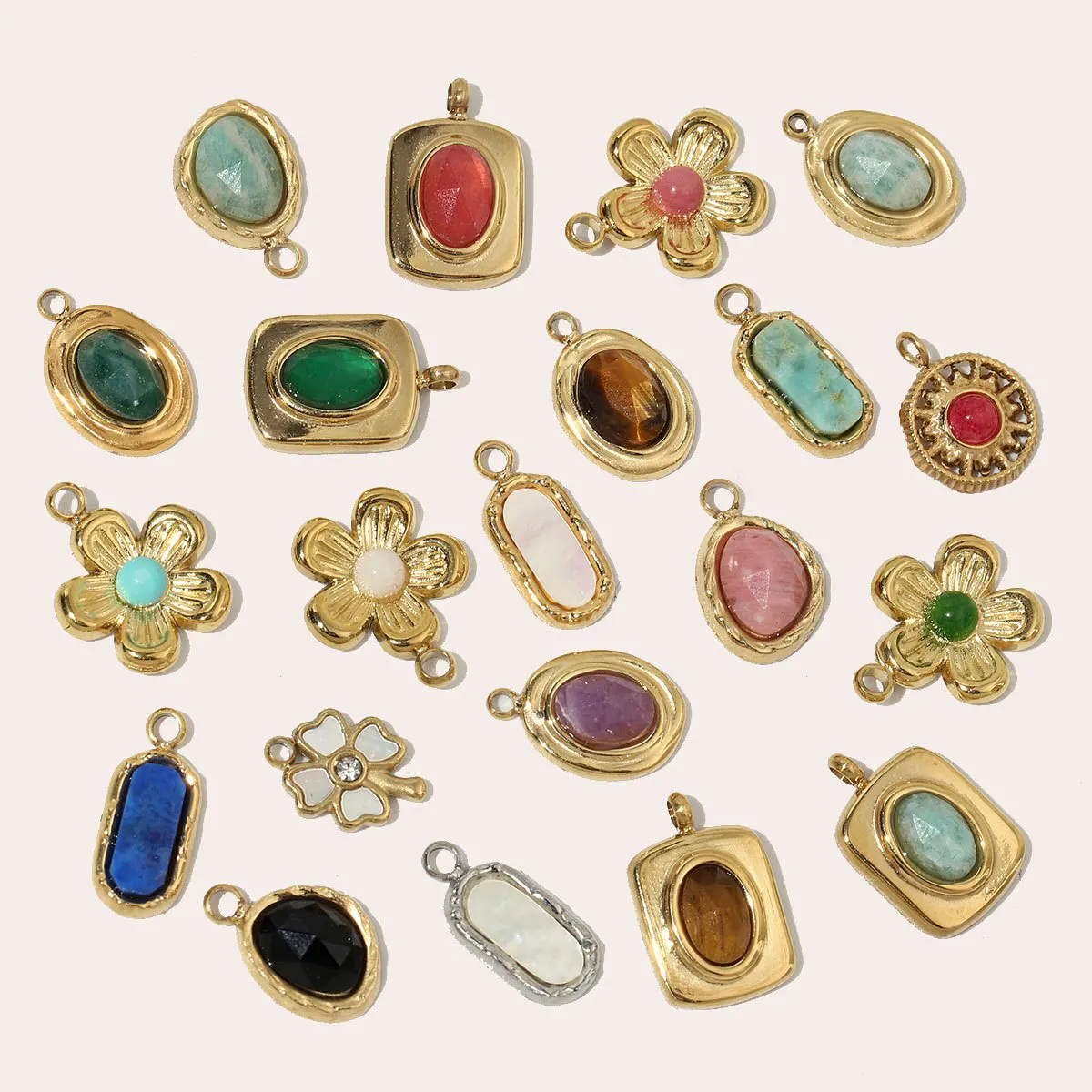 

18K Real Gold Plated Stainless Steel Natural Stone Charms Waterproof Fade Resistant Flower Oval Pendant DIY Jewelry Making