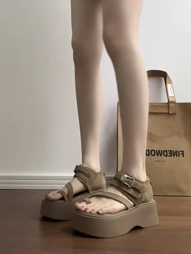Women Thick Platform Sandals 2026 Summer Korean Roman Style Sandals Women High Heels Hollow Out One Strap Buckle Casual Shoes