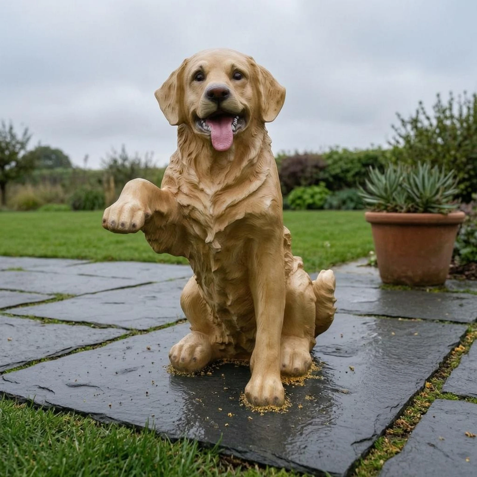 Golden Retriever Statue Raised Paw Handshake Dog Statue Golden Retriever Sculpture Carved Texture Garden Ornament Extended
