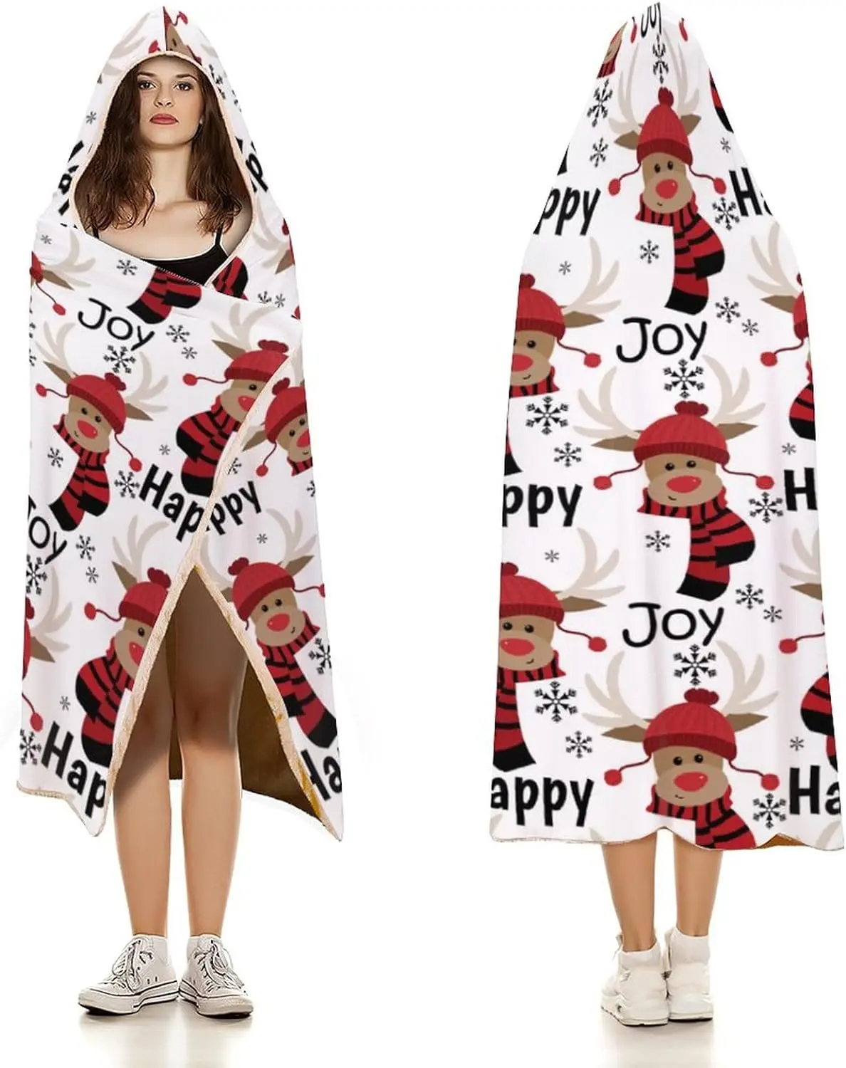 Joy Winter Reindeer Christmas Hooded Blanket Warm Comfy Wearable Throw Blanket Lightweight Hoodie Cloak Plush 50x60in