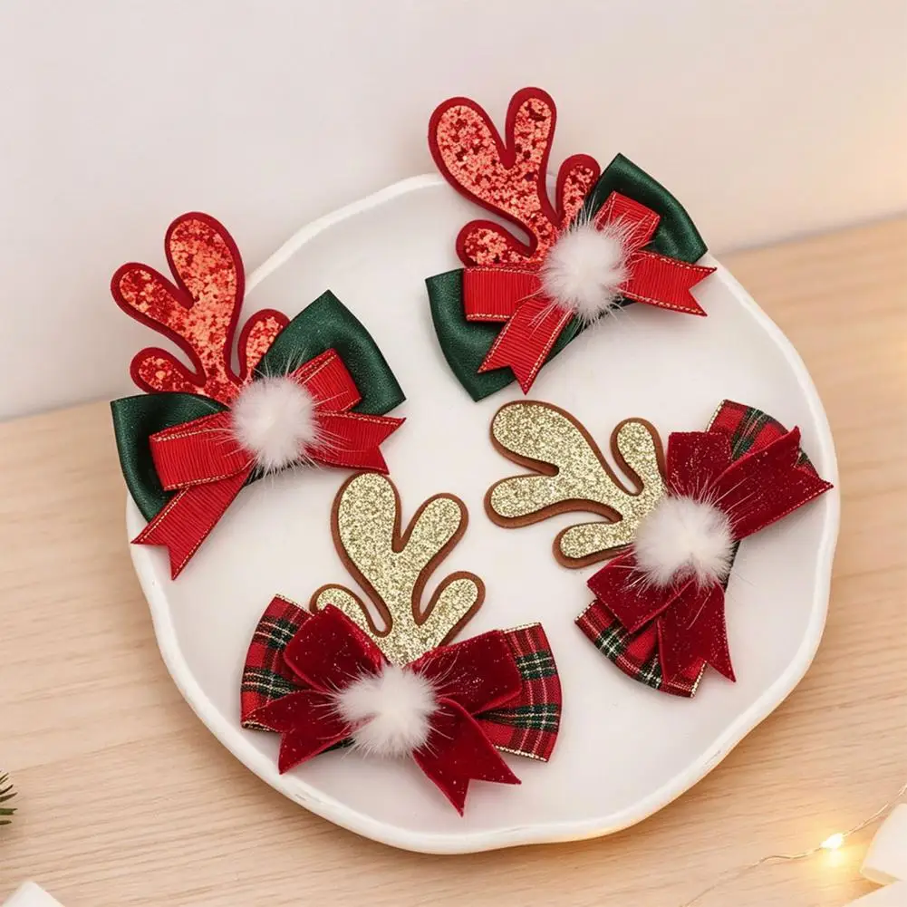 Christmas Hair Clips Plaid Bow Hair Clips 2pcs Christmas Antler Hair Clips with Plaid Bows Pom Poms Festive Holiday for Women