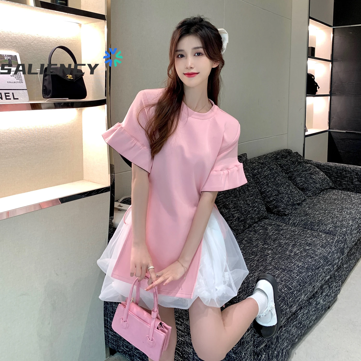 

2022 Summer Korean Pink Sweet Suit Skirt Irregular Lace Up Petals Short Sleeve Top Female + Mesh Puff Skirt Two Piece T-Shirt