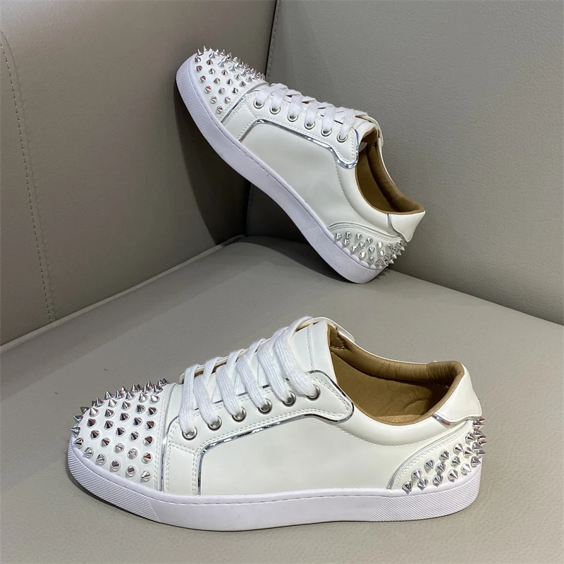 men's fashion rivets shoes lace-up white shoe singer DJ stage dress genuine leather flats sneakers breathable designer footwear