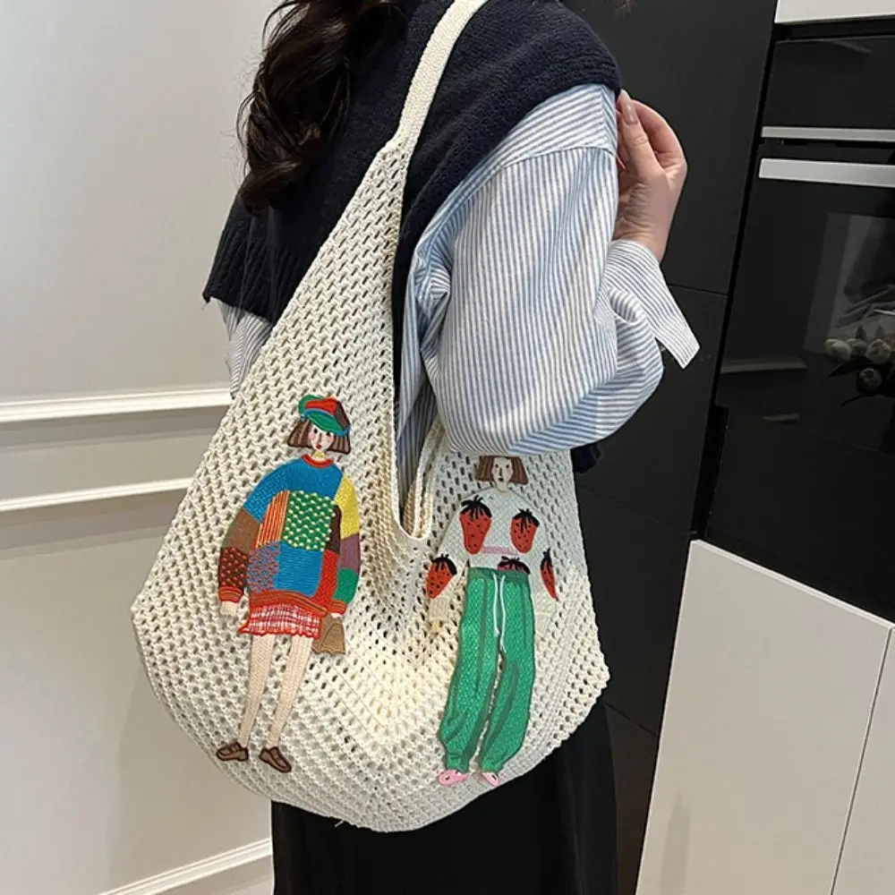 

Simple Sweet Knitted Tote Bag Bohemian Style Embroidery Weave Shoulder Bag Cartoon Hollow Out Crochet Beach Bag Travel