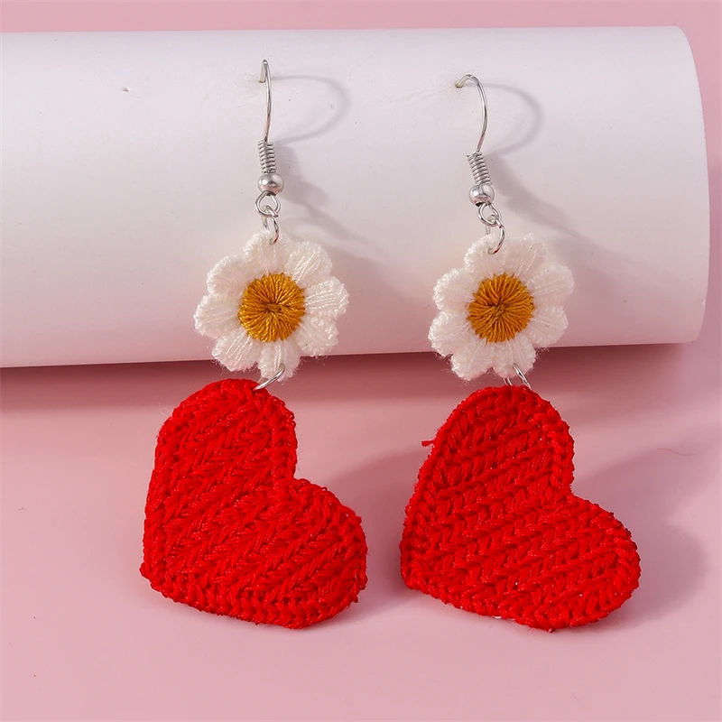 Fashion Handmade Knitted Love Heart Drop Earrings for Women Cute Flower Dangle Hooks Earrings Girls Party Holiday Jewelry Gifts