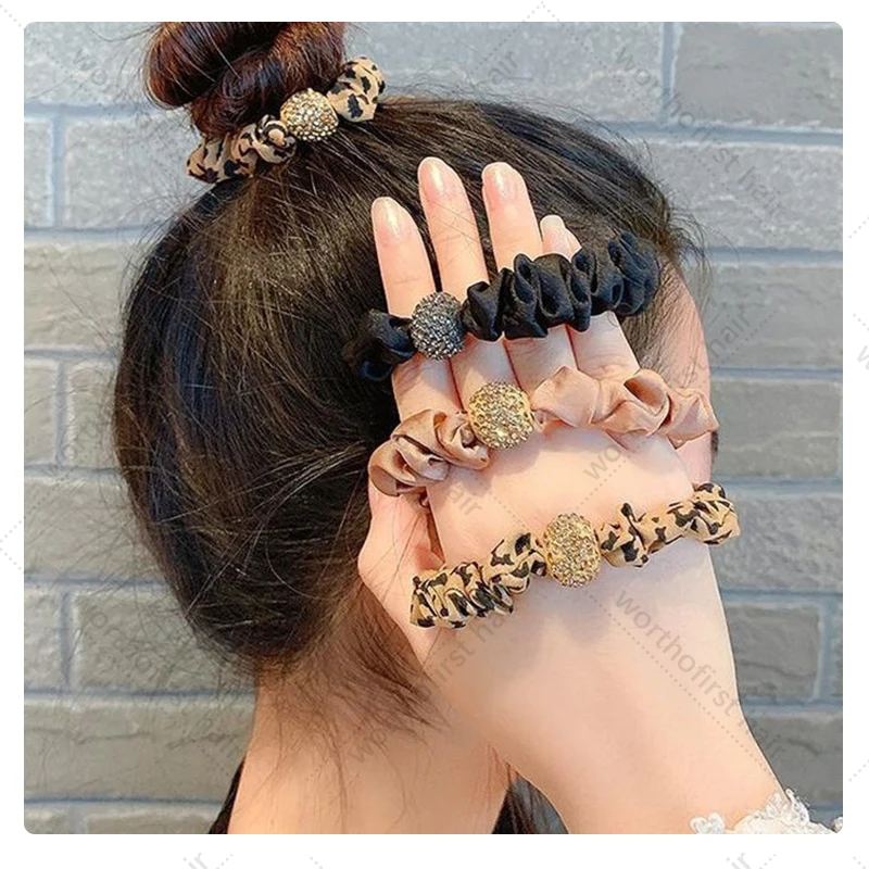 Ladies Fashion Large Intestine Ring Head Rope Rhinestone Hair Ring Women\'s Solid Color  Elasticity Hair Rope Hair Accessories