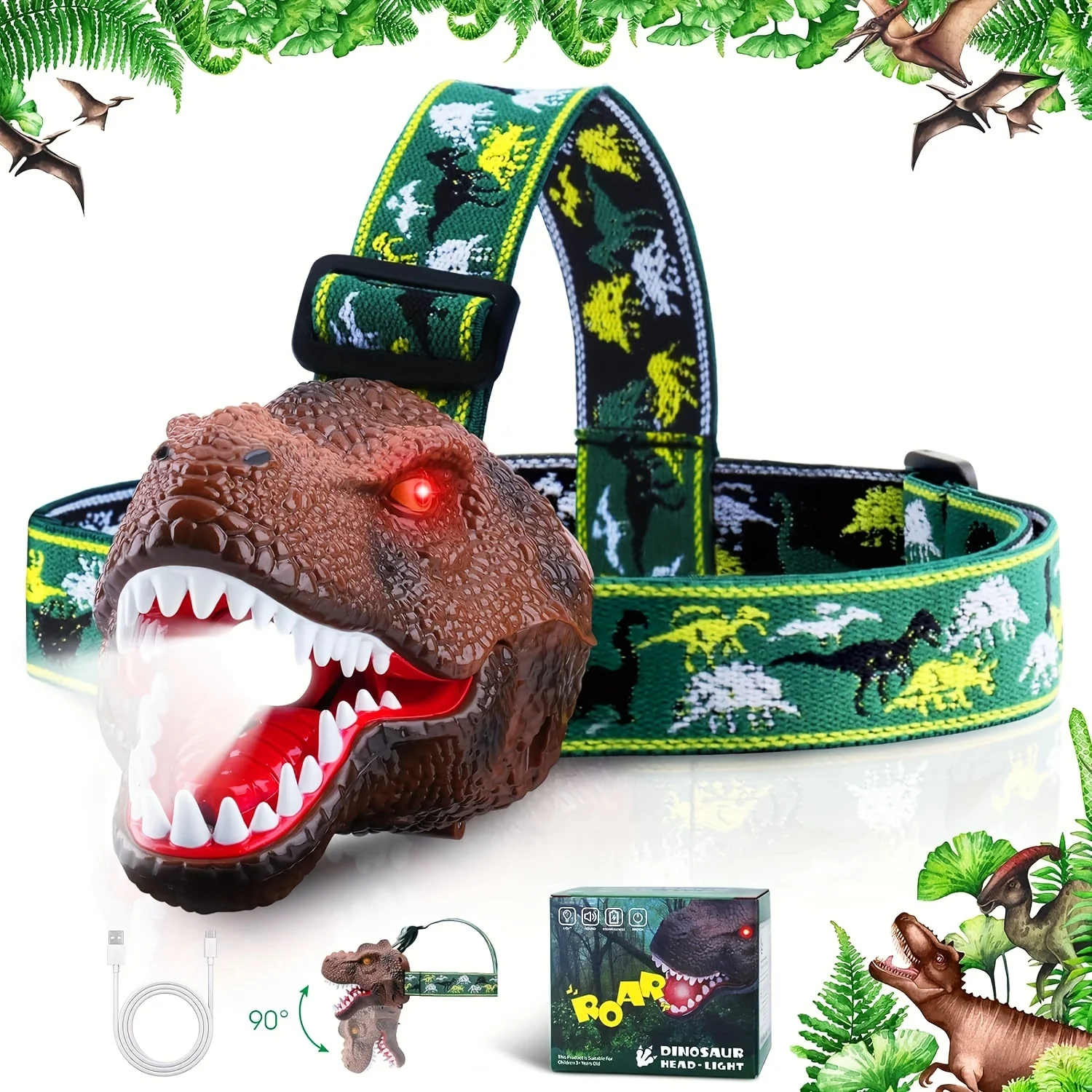 1pc Outdoor Mountaineering Camping Dinosaur Headlamp, USB Rechargeable, Night Light, 90° Rotation, Best Birthday ChristmasGift