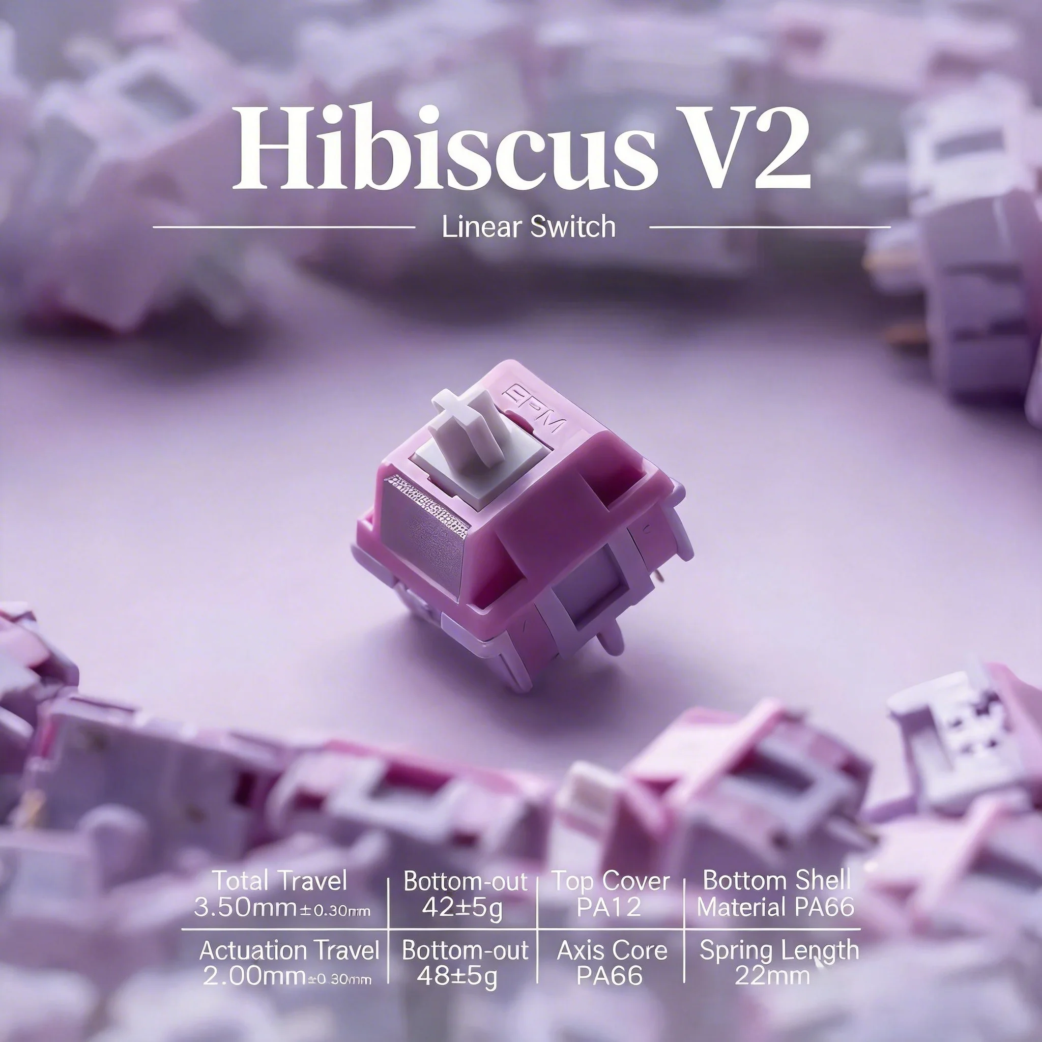 Interruptor Lineal Hibiscus V2 42gf 20mm con Resorte PA12/T3/PA66, Sonido Profundo, Guía de Luz, 5 Pines, Lubricado de Fábrica para Teclado MX