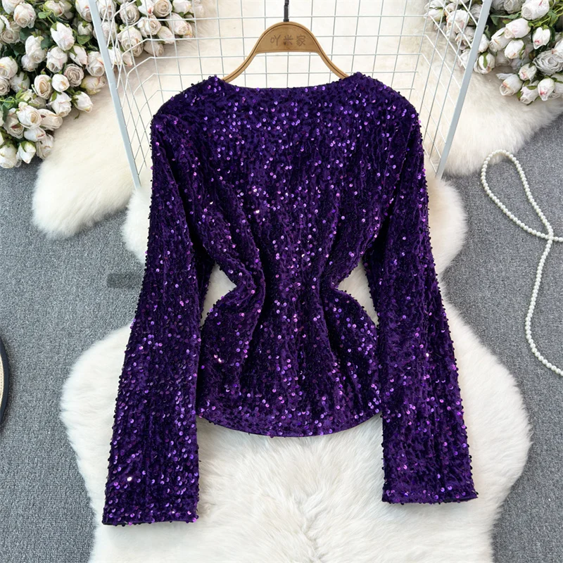 Spring New Fashion Sequins Short Cardigan Jacket Round Neck Double-row Button Decoration Long Sleeve Female Purple Cropped Coat