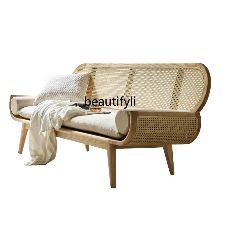 

New Chinese Style Solid Wood Sofa Nordic Simple Rattan Living Room Fabric Craft Bed & Breakfast Modern Light Luxury Small Sofa