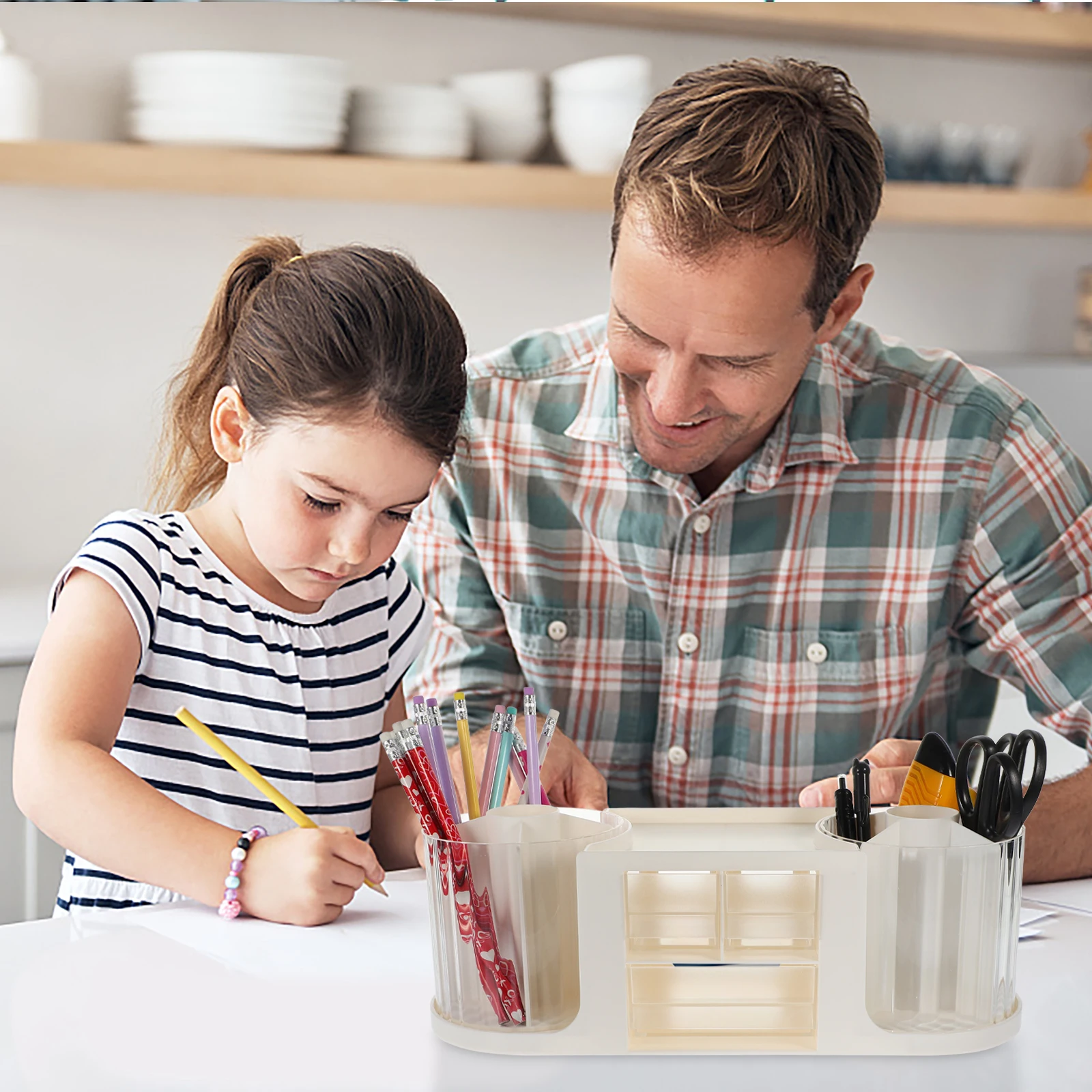 

Double Rotating Pen Holder Desktop Drawer Box Two-Layer File Organizer for Sundries Stationery Cosmetics Desktop Drawers Office