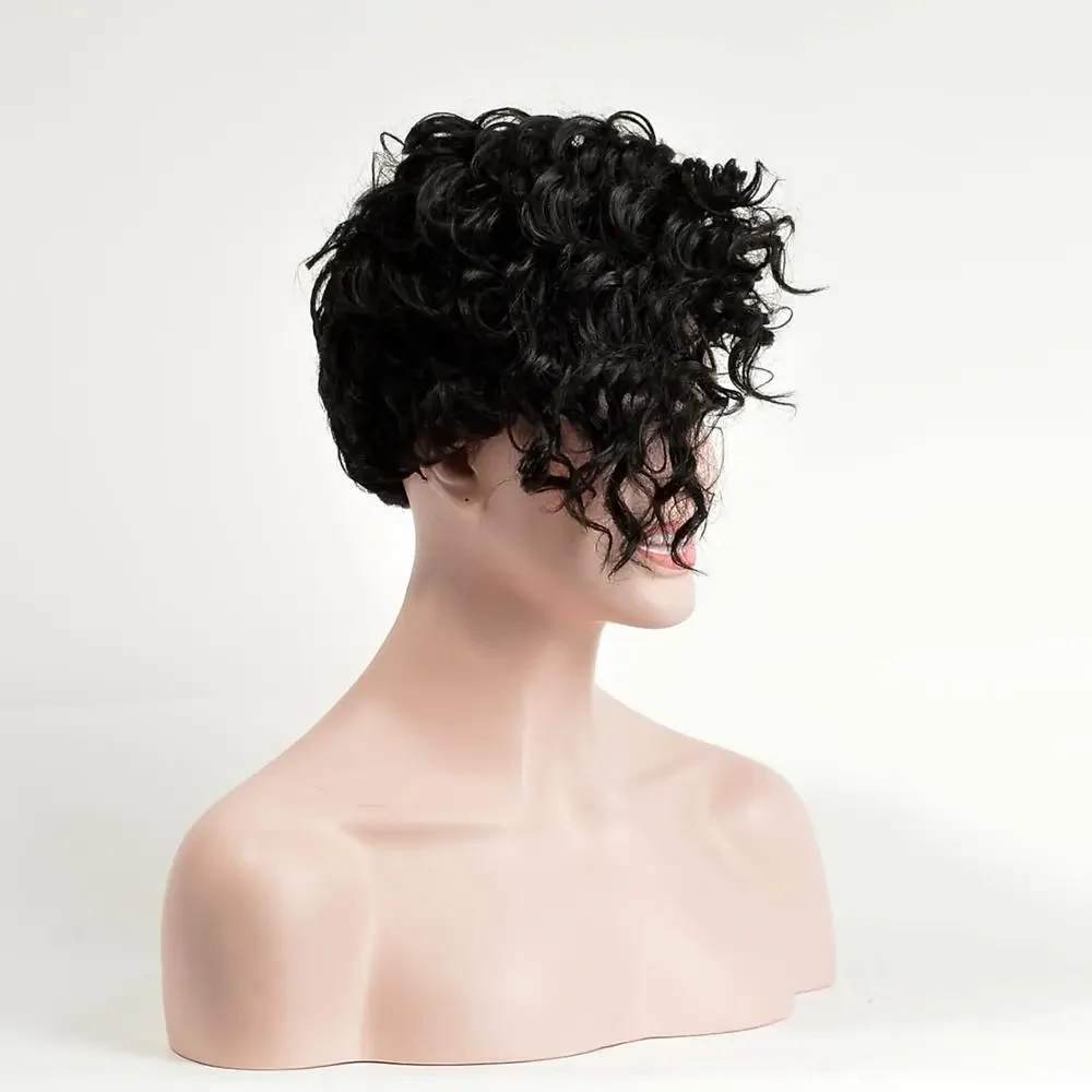 باروكة صناعية قصيرة مجعدة للنساء ذوات البشرة السمراء، جزء من جانب واحد، شعر صناعي قصير فوضوي ومجعد مع غرة من الألياف ذات درجة الحرارة العالية