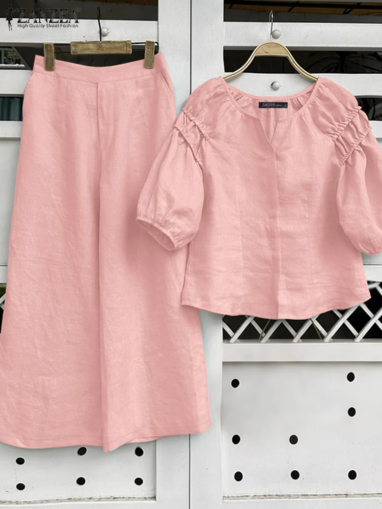 

2025 ZANZEA Summer Pant Sets Fashion 2PCS Women Outfits Short Sleeve Solid Blouse Loose Trousers Suits Casual Work OL Tracksuits