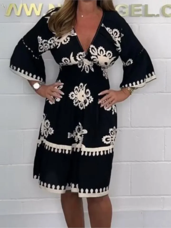 Fashion Boho Print Dress Lady Casual Sexy V Neck High Waist Loose Dresses For Women Holiday Beach Party Skirts Womens Clothing