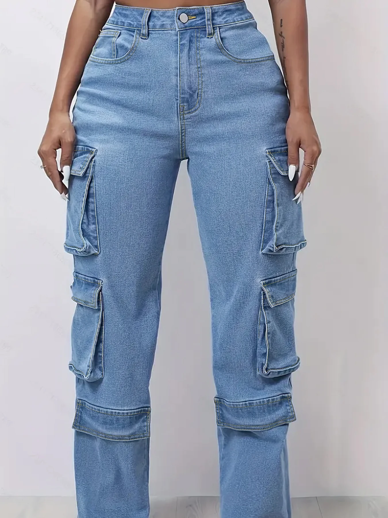 Plus Size Women's Mid Rise Light Wash Cargo Straight Jeans, Multi Flap Pockets, Casual Loose Fit Streetwear Denim Trousers - Image 3