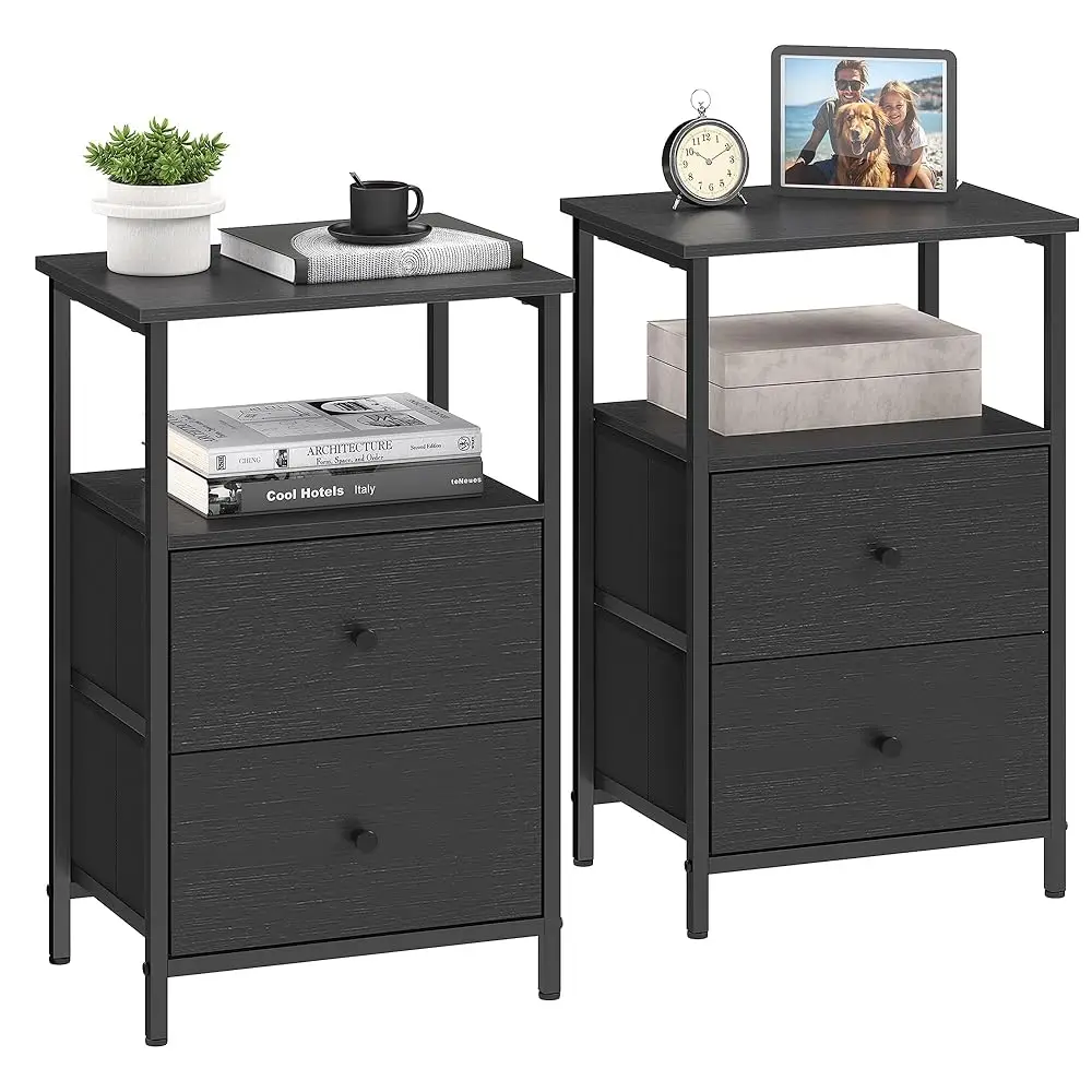 

Nightstand Set Of 2, Side Tables With 2 Fabric Drawers, 24-Inch Tall End Tables With Storage Shelf, Bedroom, Ash Bla And Bla