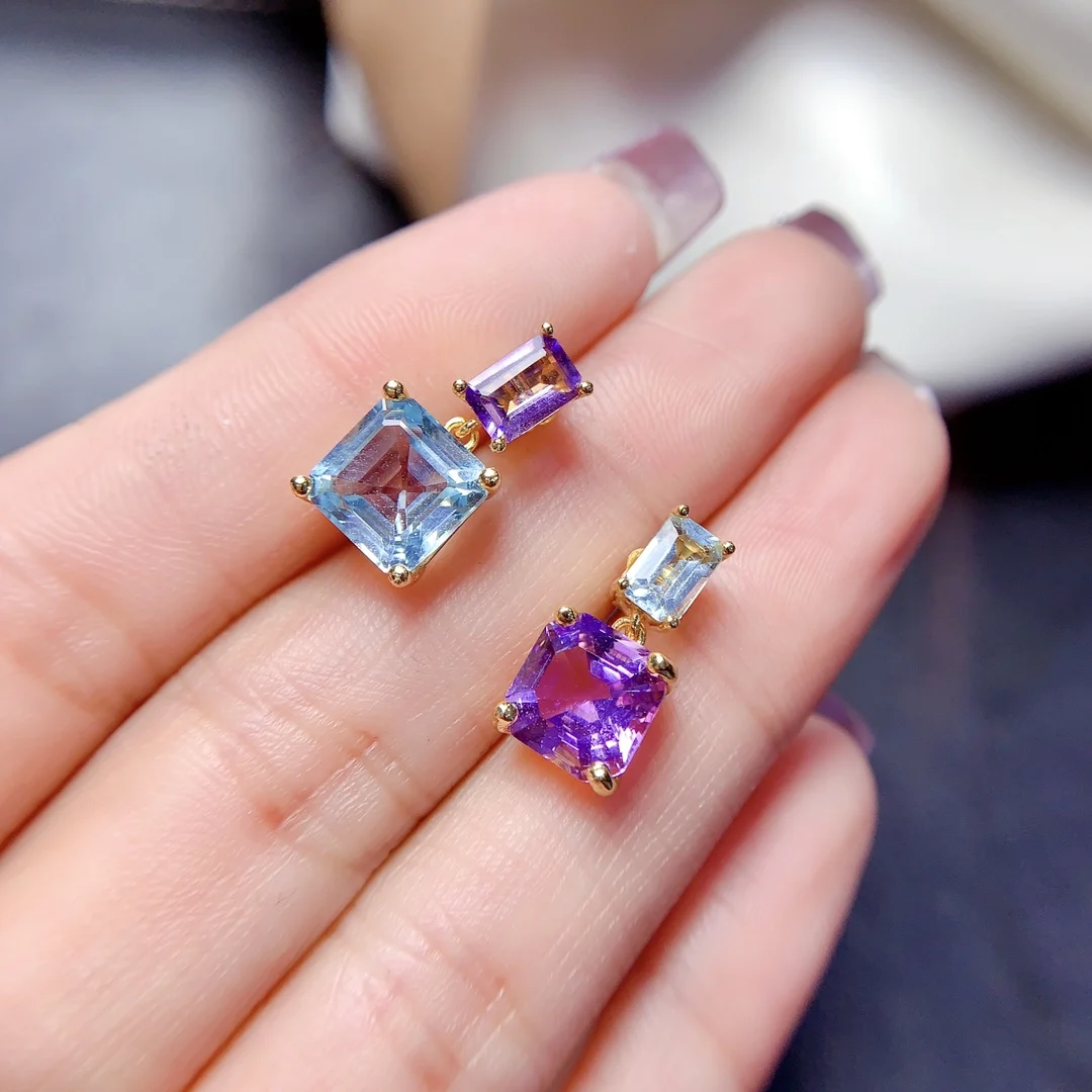 FS S925 Sterling Silver Natural Amethyst Topaz Asymmetric Earrings for Women Fine Charm Wedding Jewelry With Certificate MeiBaPJ - view 3