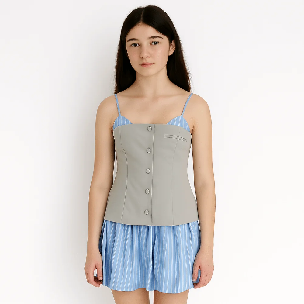 

Striped Sleeveless Dress Teenagers Adolescent Patchwork Wide Pleated Suspenders Short Skirt Blue Color Loose