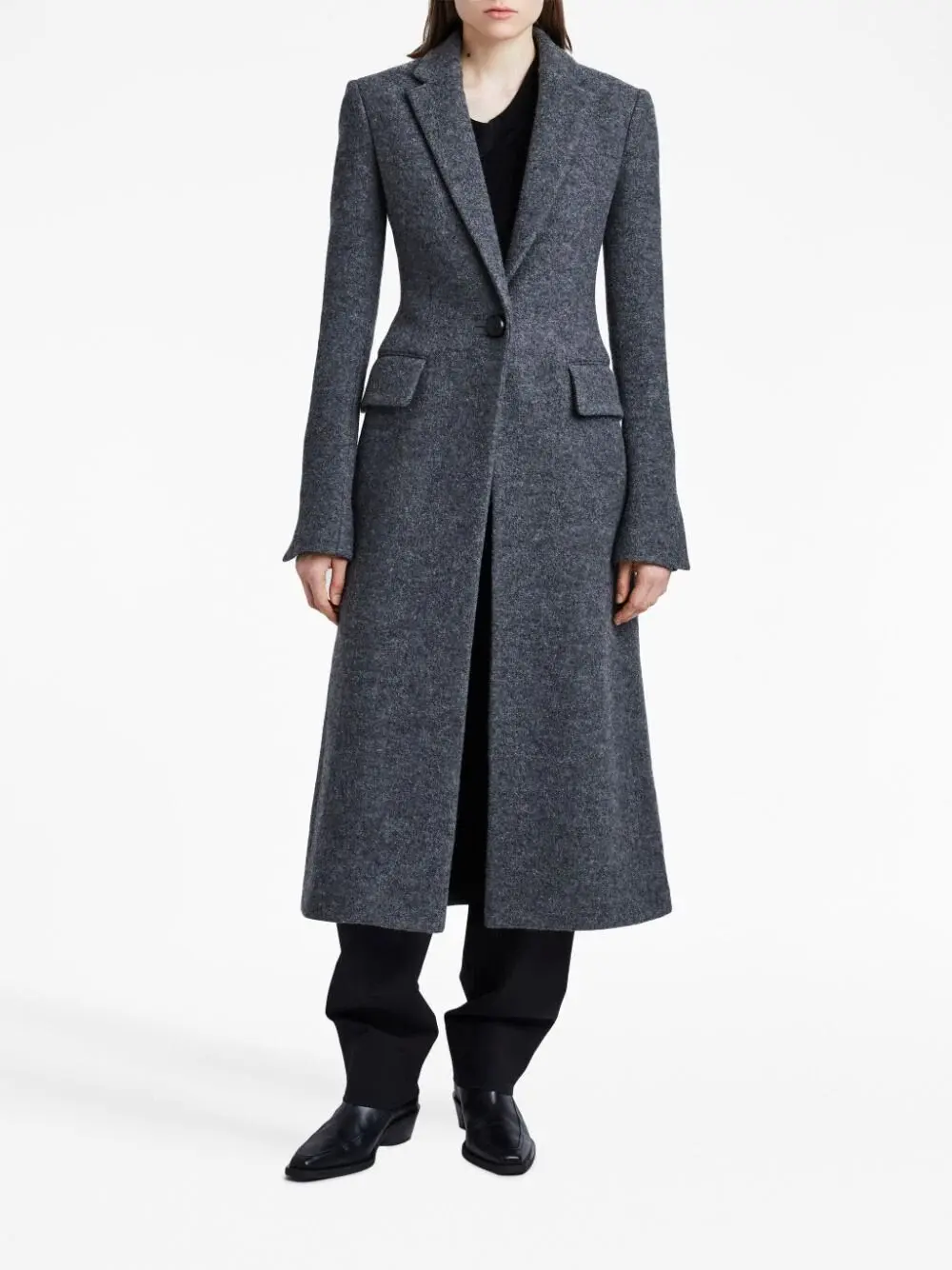 Autumn and winter new gray suit collar with a buckle over the knee forked women's woolen coat long