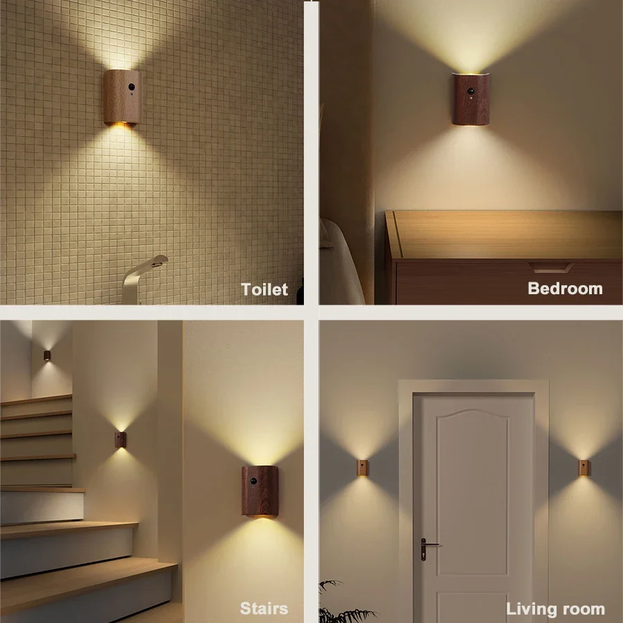 Luces nocturnas con Sensor de movimiento de madera, lámpara de pared de inducción LED inalámbrica recargable por USB, dormitorio, cocina, pasillo y escalera