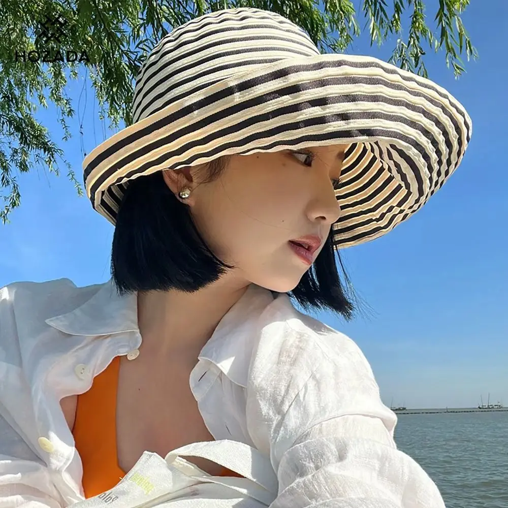 1 قطعة دائم Sunproof مخطط قبعة بحافة محيط الرأس الكبير طوي قبعة صيفية موضة ريترو واقية من الشمس حوض قبعة النساء